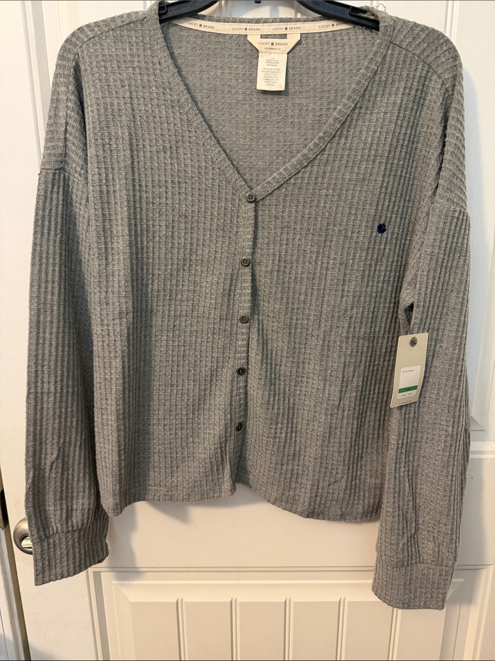 Lucky Brand Light Gray Vneck Waffle-Knit Henley Cardigan